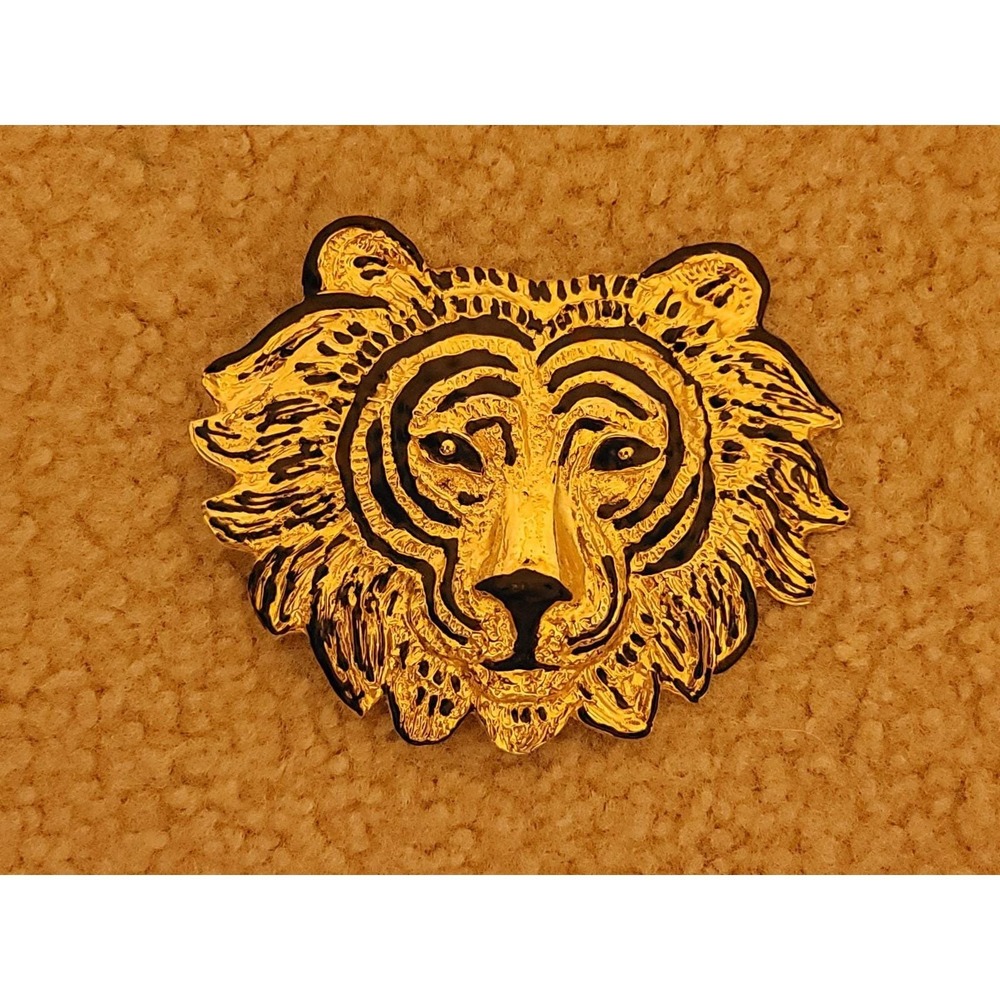 Vtg MIMI DI N 1987 Tiger Head  Belt buckle Gold tone Black Enamel 4.75"